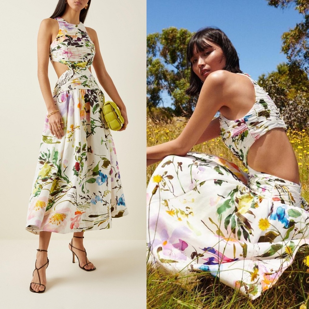 Aje | Introspect Linen Floral Cut Out Midi Dress Size: US 8
